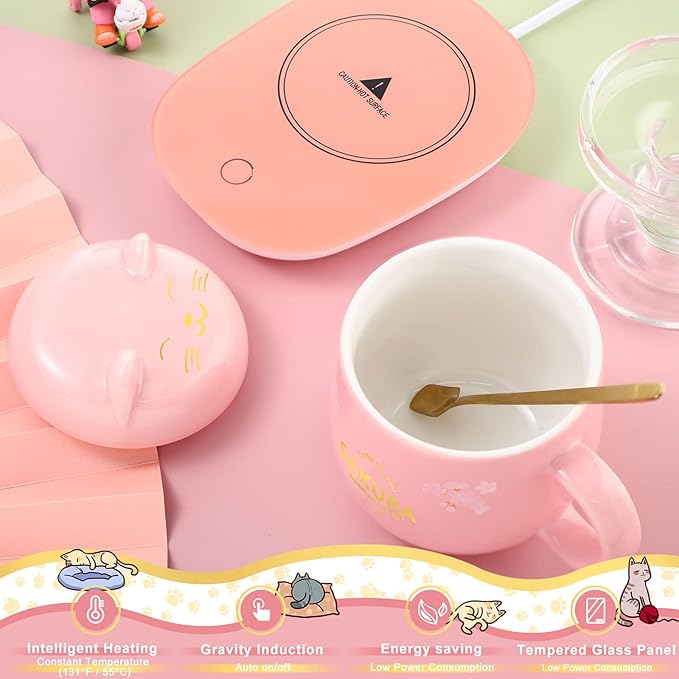 Honeydak Coffee Mug Warmer Cute Cat Mug Set Cup Warmer for Desk for Women Heated Coffee Warmer for Mom Home Office Christmas Birthday Gifts(Pink)