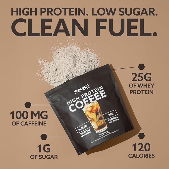 INVIGOR8 High Protein Coffee Powder 25 Grams Whey Isolate100mg Natural Green Tea Caffeine | 0 Added Sugar Keto Gluten Free 99.9% Lactose Free | Hot or Iced15 Serving 15 Servings (17 OZ, Original)