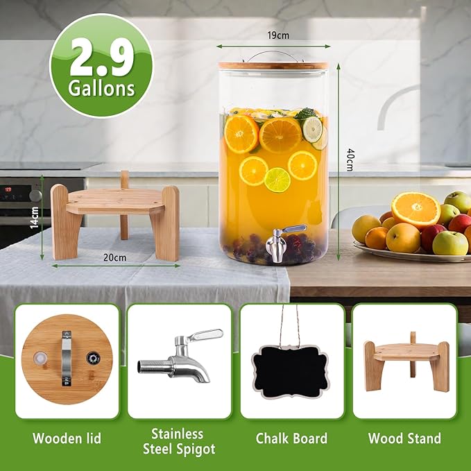 2.9 Gallon Drink Dispenser, Glass Beverage Dispenser with Wood Stand, Lemonade Dispenser with Airtight Valve and Stainless Steel Spigot Fruit, Thick Drink Dispenser for Parties Restaurants Hotels