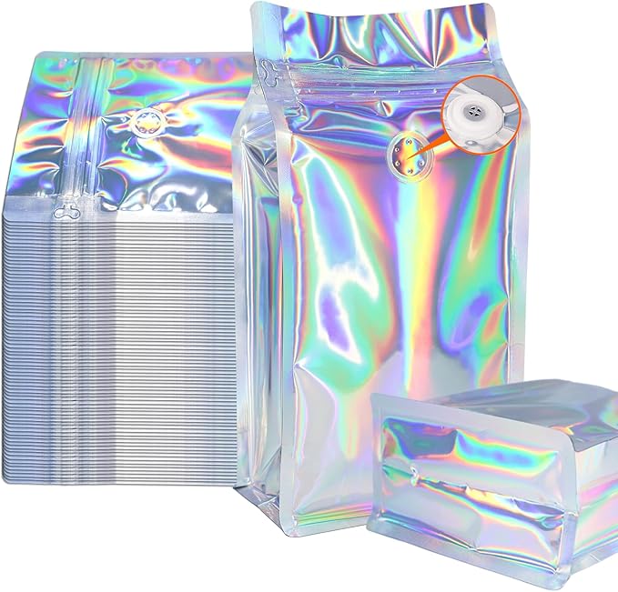 50 PCS Upgraded Coffee Bags with Valve (Holographic, 16 oz/1 lb), Black High Barrier Aluminum Foil Flat Bottom Standing Coffee Bean Storage Bags, Heat Sealable Resealable Bag for Home.
