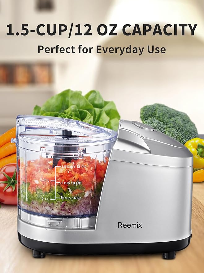 1.5-Cup One-Touch Electric Food Chopper, 100W Mini Food Processor Meat Grinder, Mix, Chop, Mince and Blend Vegetables, Fruits, Nuts, Meats, Stainless Steel Blade (Silver)