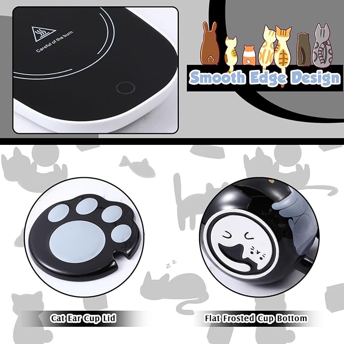 Honeydak Coffee Mug Warmer Cute Cat Mug Set Cup Warmer for Desk for Women Heated Coffee Warmer for Mom Home Office Christmas Birthday Gifts(Black)