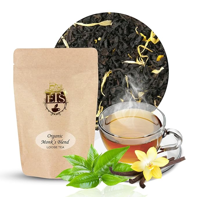 English Tea Store - Monk's Blend Loose Leaf Black Tea Organic | Pomegranate & Vanilla Flavor | USDA Organic | Natural Flavor Loose Leaf Tea | Fruity Black Tea | GMO-Free | 16oz Pouch