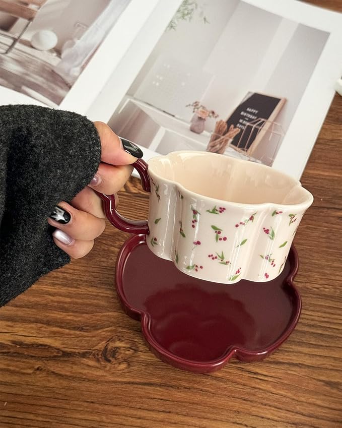 Ceramic Coffee Mug with Saucer Set, Creative Cute Cup with Flower Coaster for Office and Home, 8.4 oz/240 ml for Tea Latte Milk-Pink Cherry (Pink Cherry)