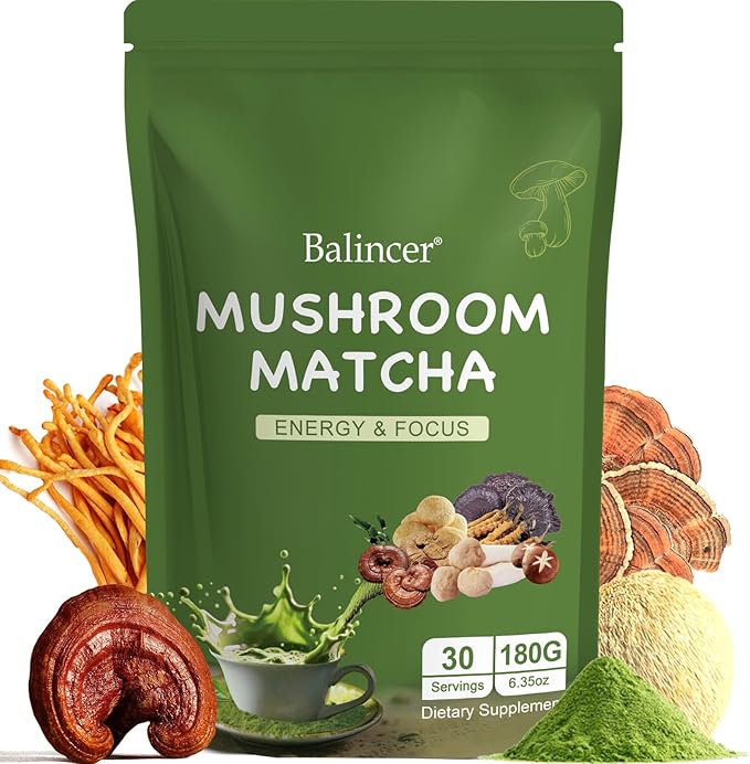 Mushroom Matcha, 6 Adaptogenic Mushrooms (Lion's Mane, Cordyceps, Turkey Tail & Other) Mixed with Ceremonial Grade Matcha for Focus, Energy, Immune and Digestion Health Support, 30 Servings
