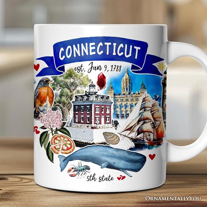 OrnamentallyYou Artistic Connecticut State Themes and Landmarks Mug