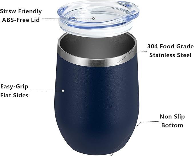 MEWAY 12oz/4 Pack Wine Tumbler Glasses with Lid - Stemless Double Wall Vacuum Stainless Steel Travel Tumbler - Keeping Cold & Hot for Wine,Coffee,Cocktails,Drinks-Family and Gifts (Navy,Set of 4)
