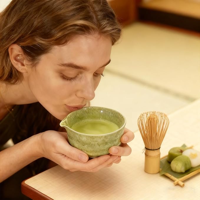 5Pcs Japanese Matcha Tea Set - Ceramic Bowl with Spout & Holder, Bamboo Whisk (Chasen), Scoop, Sifter - Complete Traditional Tea Ceremony Kit for Beginners, Gift for Tea Lovers(Green)