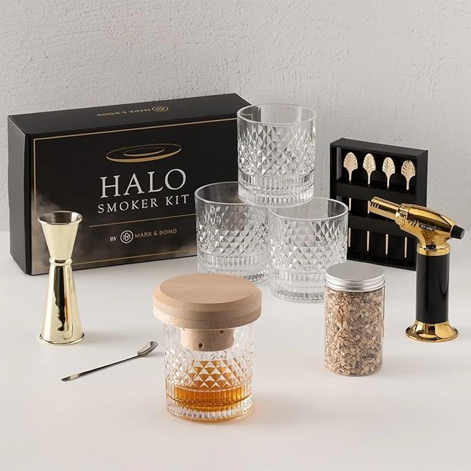 Cocktail Glasses & Mixology Set - Old-Fashioned Cocktail Kit with Smoker Kit, Bourbon, Jigger for Bartending, with Golden Picks