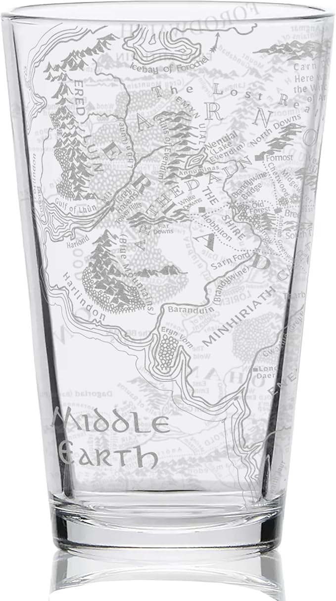 MAP OF MIDDLE EARTH Engraved 16oz Pint Glass | Inspired by Tolkien Ring and Elfs Magic Orcs | Great Christmas Gift Idea | Unique Elvish Fantasy Wizard Fantasy Decor!