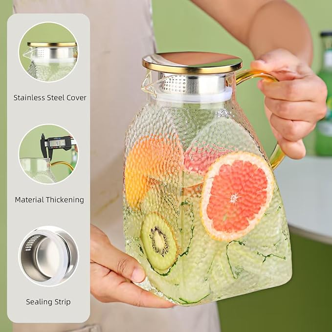 Glass Pitcher with Lid 1.8L, Borosilicate Glass Water Jug for Refrigerator Door, Hot & Cold Beverages, Leak-Proof Stainless Steel Lid with 2 Filter Holes for Iced Tea, Juice, Coffee, Milk