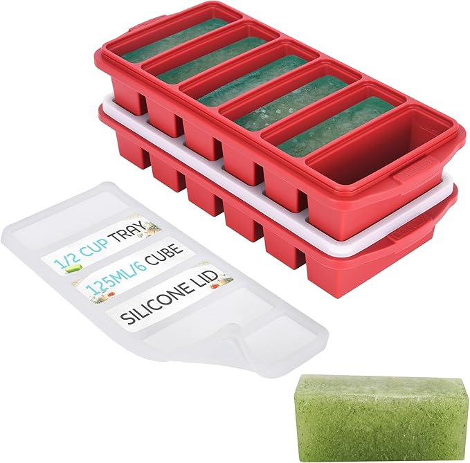 1/2 Cup Silicone Freezer Tray With Lid - Silicone Freezer Molds 2-Pack For meal prep & freezing of various sauces and other dishes, makes 12 perfect 1/2 cup portions cubes,oven and dishwasher safe