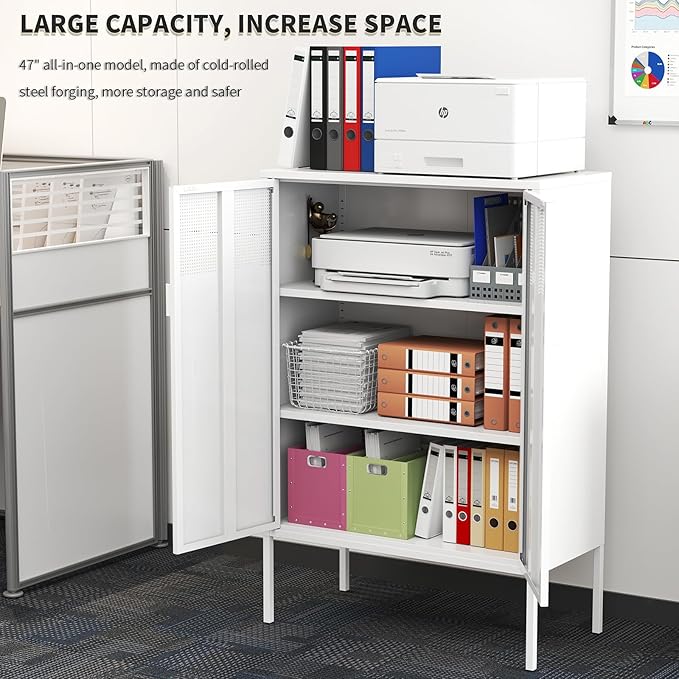 White Metal Storage Cabinet with 2 Doors - 47''H Locker Cabinet, 3 Tier Locker with Adjustable Shelves, Office Storage Locker for Office, Home, Living Room, Kitchen