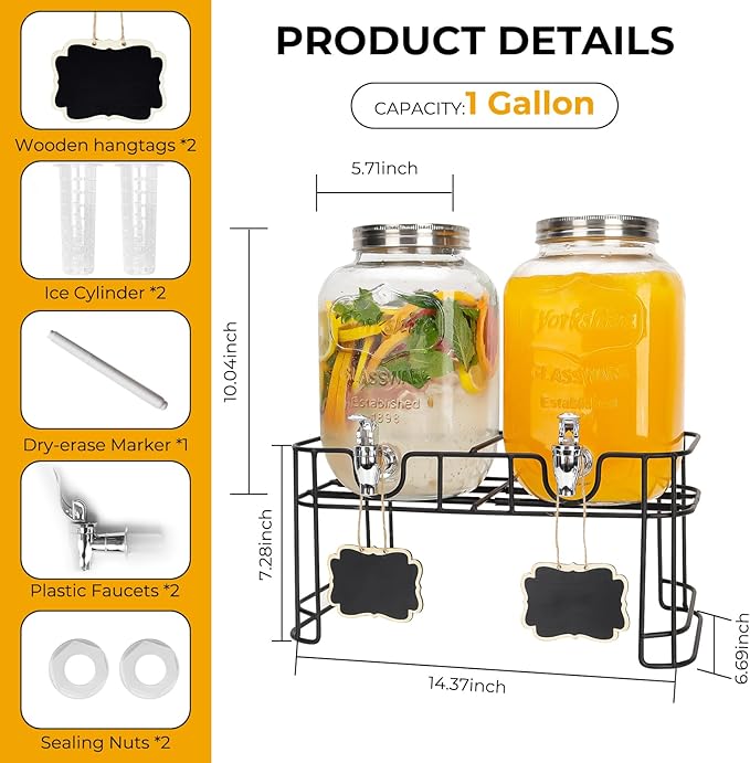 Glass Drink Dispensers For Parties, 2 PACK 1 Gallon Beverage Dispenser With Stand And Spigot Leak proof. Lemonade Dispenser With Ice Cylinder and Chalk board