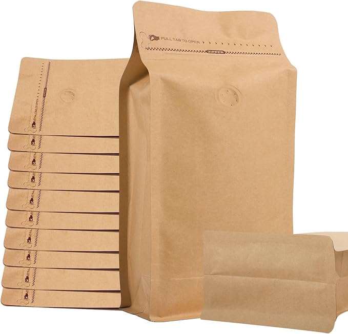 50 PCS Upgraded Coffee Bags with Valve (Kraft Paper, 32 oz/2 lb), Black High Barrier Aluminum Foil Flat Bottom Standing Coffee Bean Storage Bags, Heat Sealable Resealable Bag for Home.