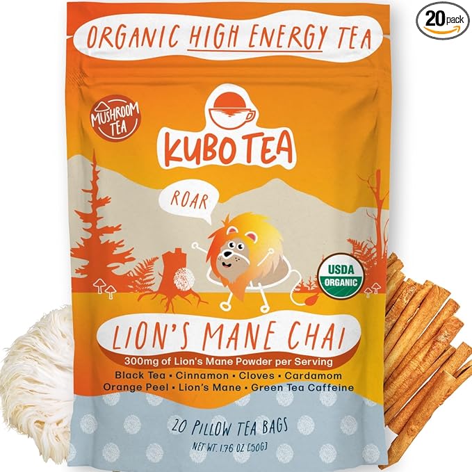 High Caffeine Mushroom Tea (155 mg) – Kubo Tea: Organic Lion’s Mane Chai Black Tea Bags for Clean Energy & Focus | Healthy Coffee Substitute | Mushroom-Infused Blend | 20 Ct | Compostable Packaging