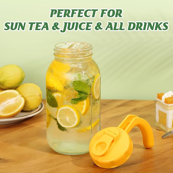 Soligt Glass Mason Jar Pitcher with Lid, Wide Mouth Flip Cap Pour Spout Leak-proof Lid with Handle, 64 oz (2 Quart /1.9 Liter), for Sun Tea/Iced Tea/Juice/Cold Brew Coffee/Milk (1 Pack, Vivid Yellow)