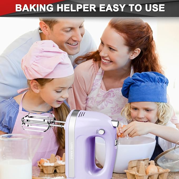 Lord Eagle Hand Mixer Electric 400W, 5 Speed handheld Mixer, 5 Stainless Steel Accessories for Baking Cake Egg Cream Food Beater, Turbo Boost/Self-Control Speed + Eject Button, Purple