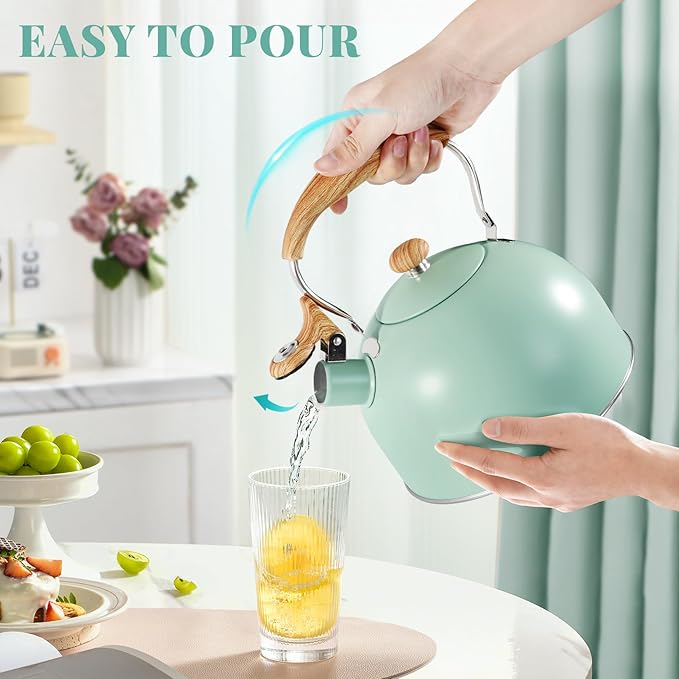 GGC Tea Kettle for Stove Top, 85OZ/2.6QT Whistling Tea Kettles for Boiling Water Milik or Coffee, Green Stainless Steel Tea Pots with Wood Pattern Folding Handle, Thumb Design Control Kettle Outlet