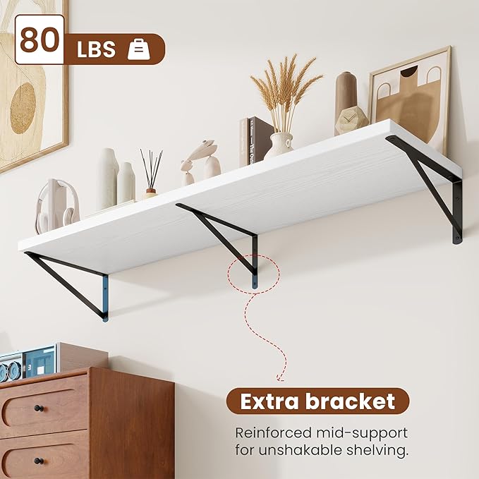 Deep Wall Shelves 55"W x 12"D Engineered Wood Floating Shelves for Wall, Sturdy Metal Bracket Bookshelves Home Decor Storage for Living Room Bedroom Bathroom Kitchen, Set of 2, White Finish