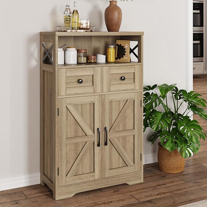 Natural Storage Cabinet with Doors and Shelves, Standing Kitchen Pantry Cabinet, Floor Storage Hutch Cupboard, Coffee Bar Station for Dining, Living Room, Home Office