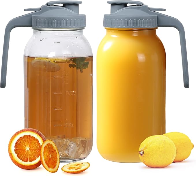 Glass Tea Pitcher with Wide Mouth Airtight Lid Leak Proof Fridge Container with Gray Lid Mason Jar for Water, Tea,Juice and Drinks (2 Pack-64OZ)