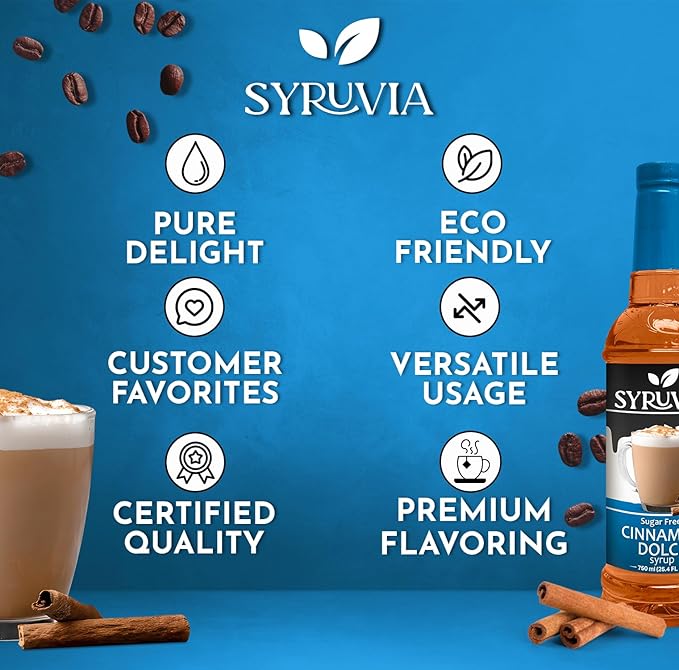 Syruvia Sugar Free Coffee Syrup, Cinnamon Dolce Flavored Syrup for Drinks, Lattes, and Desserts – 25.4 fl oz