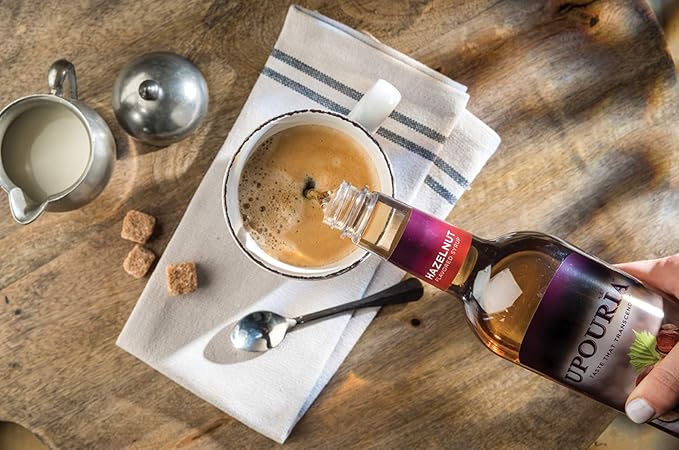 Upouria French Vanilla & Caramel Coffee Syrup Flavoring, 2 of each Flavor, 100% Vegan, Gluten-Free, Kosher, 750 mL Bottles (Pack of 4) with 2 Coffee Syrup Pumps