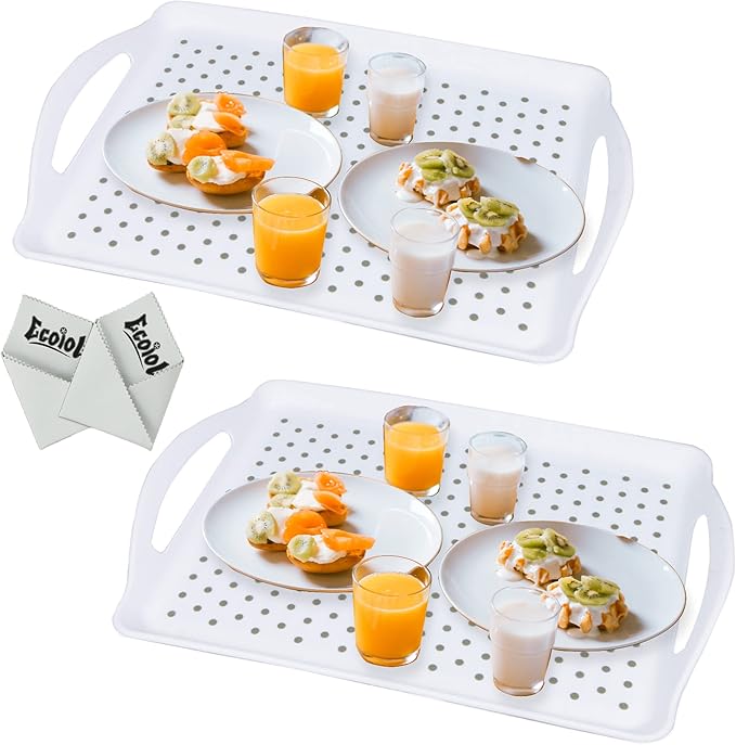 Non Slip Food Serving Tray with Handles, Rectangle Anti-Slip Non-Toxic Dishwasher Safe Tray for Snack Fruit Dessert Breakfast Drink Come with Cleaning Cloths, White