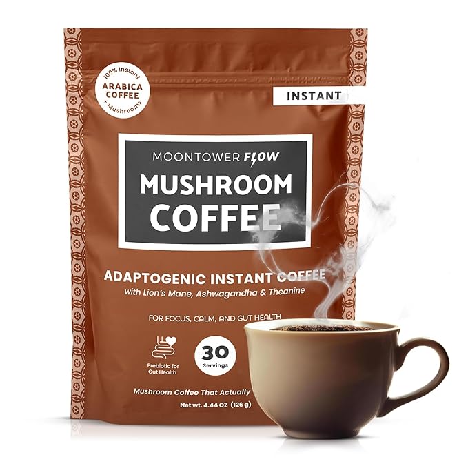 Instant Mushroom Coffee - Organic Adaptogenic Coffee Blend with Lion's Mane, Ashwagandha, L-Theanine & Prebiotic Inulin for Focus, Calm Energy & Gut Health Support - 30 Servings by Moontower