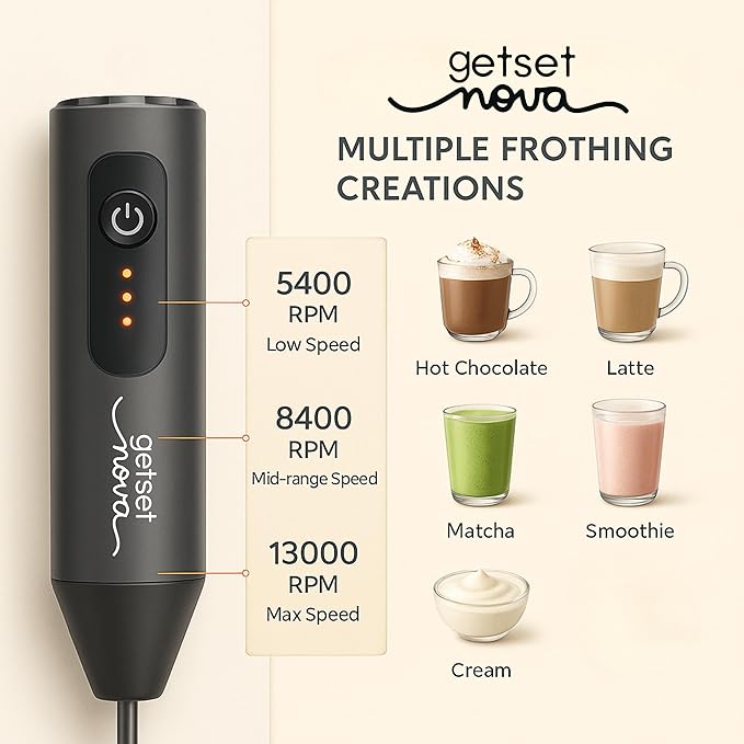 Milk Frother for Coffee, Rechargeable Electric Handheld Frother Wand with Dual Whisk, 3 Speed Settings, Fast Recharge, Powerful Motor, Handheld Mixer Electric 1 Year Warranty
