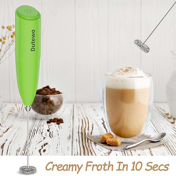 Hand Mixer Milk Frother for Coffee - Dutewo Frother Handheld Foam Maker for Lattes, Electric whisk Drink Mixer Mini Foamer for Cappuccino, Frappe, Matcha, Hot Chocolate, Yellow 359C(Green)