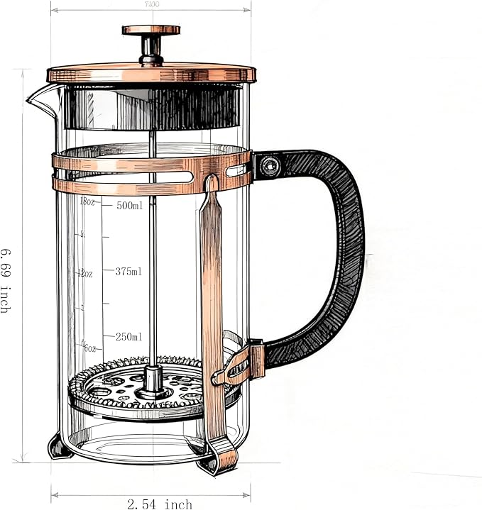 Coffee Maker Steel French Press with 4 Filter, Heat Resistant Durable, Borosilicate Glass Coffee Press, 100% BPA Teapot, 21 ounce, copper