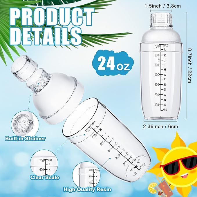 Lallisa 12 Pcs Plastic Cocktail Shaker Drink Mixer with Scales and Strainer Top Clear Shaker Cup with Measurement Plastic Bar Mixing Tool for Tea Coffee Bubble Tea Milk(700 Cc/ 24 oz)