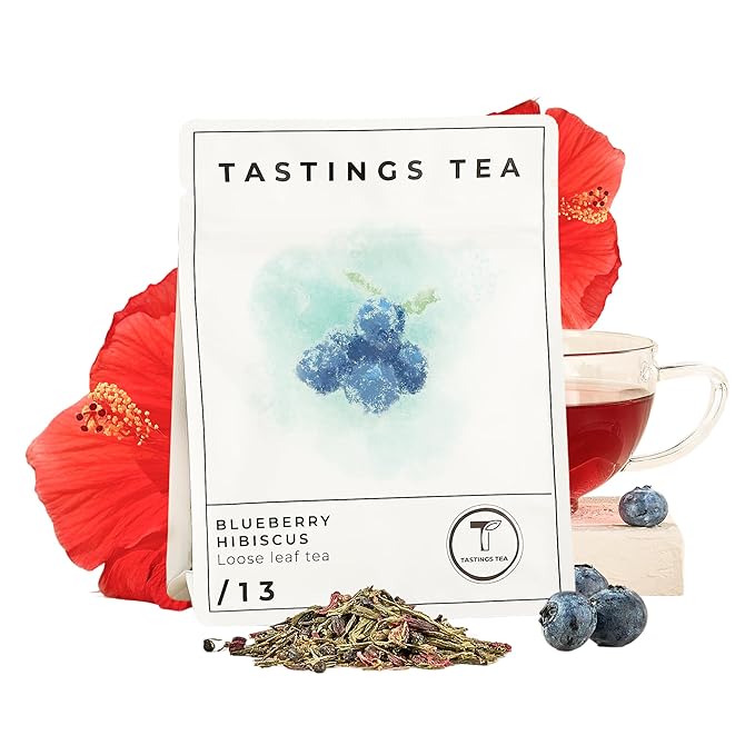 Tastings Tea Blueberry Hibiscus Loose Leaf Pouch 2.75 oz | Chinese Green Tea & Licorice Root with Elderberry, Spearmint & Natural Flavors | Light Caffeine | Tart & Fruity | Sustainably Sourced