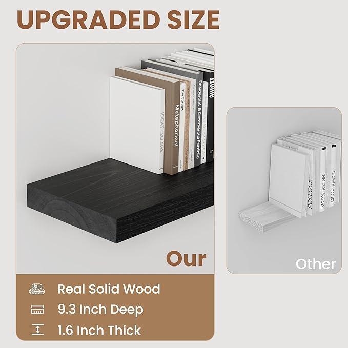 Black Floating Shelves 24 Inch Long, 9.3 Inch Deep Floating Shelves for Wall, Rustic Solid Wood Shelves, Deep Wall Shelves for Living Room, Bedroom, Kitchen, 24"W x 9.3"D x 1.6"H, Set of 2