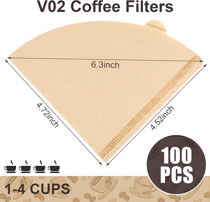 100 Count Pour Over Coffee Filters Paper, Size 02 Natural Brown Coffee Filters Cone, V02 Unbleached Disposable Paper Filters Compatible with Pour Over and Drip Coffee Maker(2-4 Cups)