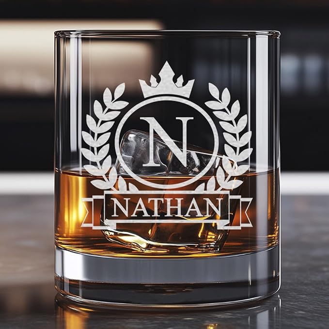 Personalized Whiskey Glass for Men, Custom Engraved Name & Initial Rocks Glasses, 11oz, Barware for Men, Father’s Day Gifts - Set of 4