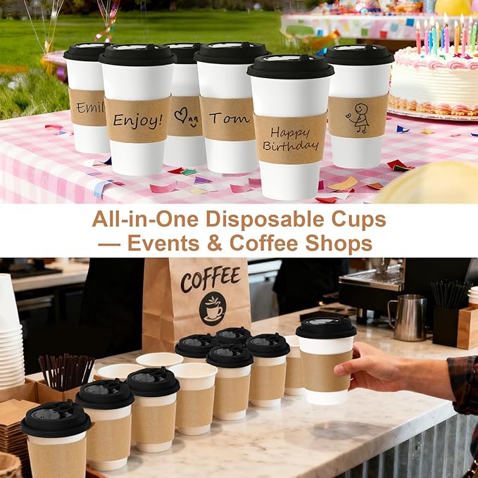16 oz Coffee Cups + 16 Extra Cups Bulk Disposable To-Go Paper Cups with Lids and Sleeves for Hot Beverage, Chocolate, Cocoa, Office Supplies, Coffee Bar Accessories (100 Pack + 16 Extra Cups, White)