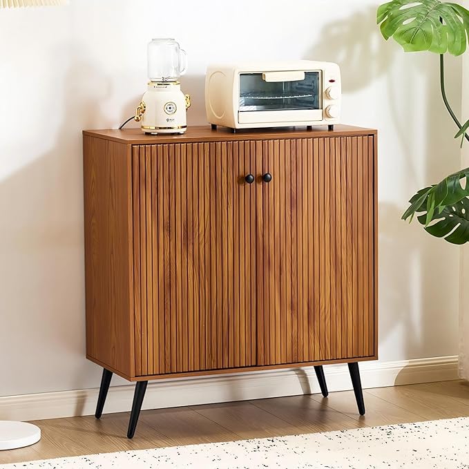 EROMMY Fluted Sideboard Buffet Cabinet, Wooden Storage Cabinet with Adjustable Shelf, Multifunctional Accent Cabinet with Adjustable Shelves for Dining Room, Living Room, Entry, Hallway, Walnut
