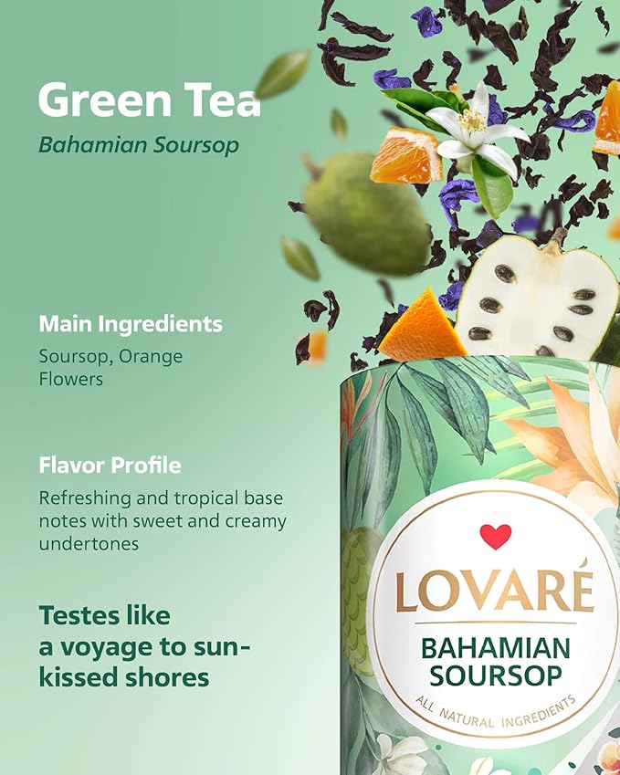 LOVARE Loose Leaf Tea 80 g - Made in Ukraine - Assorted Tea - 1001 Night, Passion Fruit, Sparkling Splashes, Bahamian Soursop - Gift Box with 60 Paper Filters – Easy to Brew Flavored tea