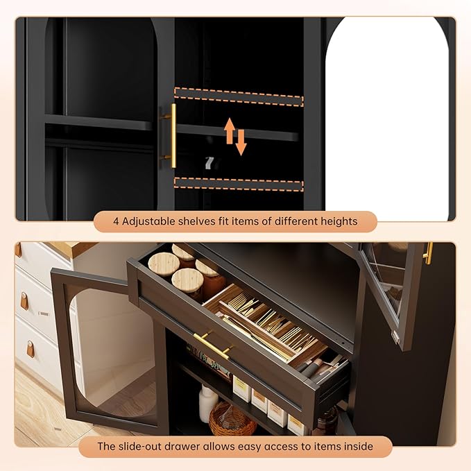 75" Tall Kitchen Pantry Cabinet,Metal Storage Cabinets with 4 Glass Doors and Adjustable Shelves,Freestanding Display Cupboard for Dining Room,Living Room,Hallway,Bathroom,Black