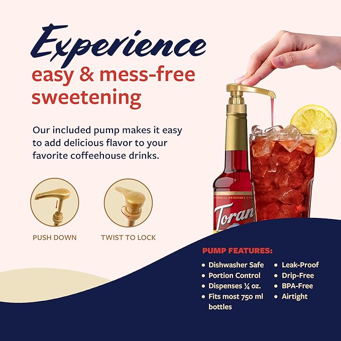 Torani Strawberry Syrup for Drinks, Flavoring for Iced Tea, Lemonade, and Sodas, Pump Included, 25.4 Oz