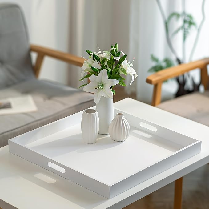 Hanobe Square Large Ottoman Tray: Modern Extra Large White Serving Decorative Trays with Cutout Handles for Living Room Coffee Table Home, 20"