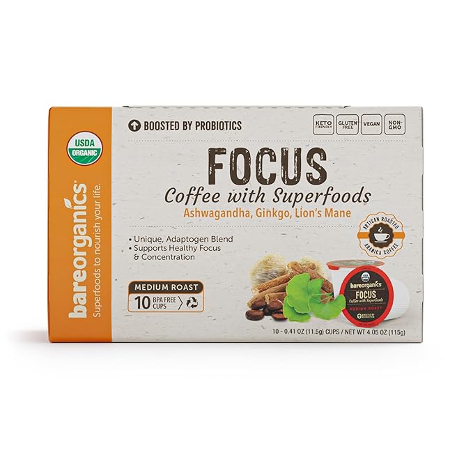Focus Coffee with Superfoods - Organic Probiotic Mushroom Coffee Pods, Supports Healthy Focus & Digestion, Infused with Ashwagandha, Lion's Mane, and Cinnamon - 10 Recyclable Single Serve K-Cups