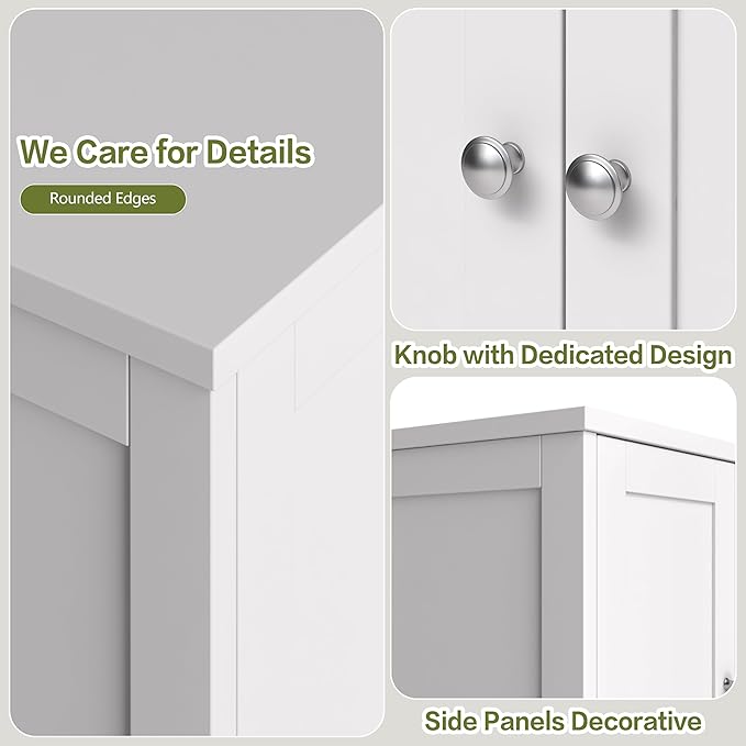Nuturelly Bathroom Floor Storage Cabinet, Freestanding Pantry Cabinets with 4 Doors & 3 Adjustable Heights, Bathroom Organizers and Storage Waterproof Board & Metal Handles for Kitchen, Creamy White