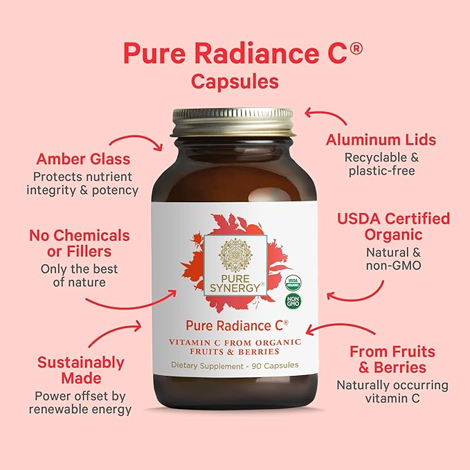 PURE SYNERGY Pure Radiance C | Organic Vitamin C Capsules | 100% Natural, Whole Food, Non-GMO Supplement with Organic Camu Camu | for Immune and Collagen Support (90 Capsules)