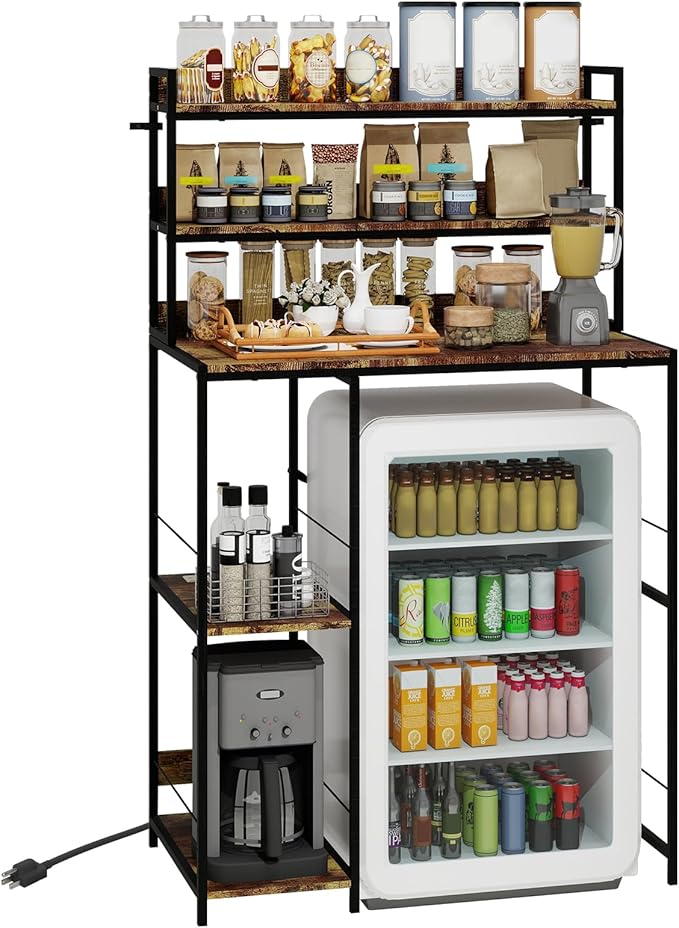 ELECWISH Mini Fridge Stand with Storage Shelves, 5-Tier Kitchen Bakers Rack, Space Saving Mini Fridge Cabinet, Adjustable Left/Right Organizer with Power Outlet, Brown