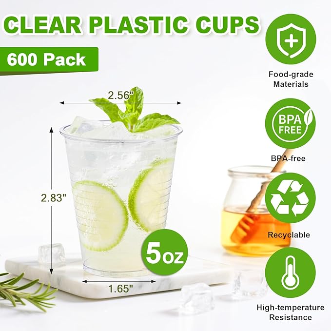 SIUQ 600 Pack 5 oz Clear Plastic Cups, Small Disposable Bathroom Mouthwash Cups, Hot/Cold Beverage Drinking Cup for Party, Picnic, Travel, Halloween, Christmas
