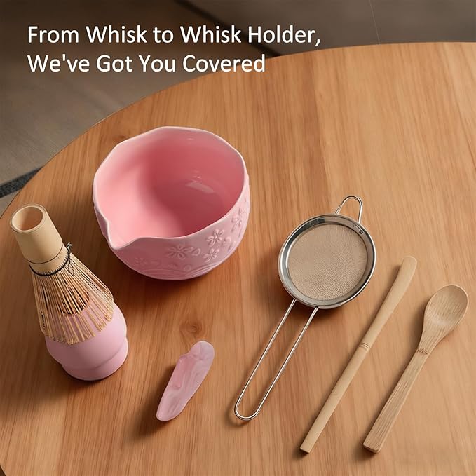 Matcha Whisk Set, 8 Pcs Matcha Kit with Ceramic Japanese Matcha Bowl & Accessories Kit for Traditional Tea Ceremony, Home Use & Christmas Gifts for Matcha Lovers (Pink)
